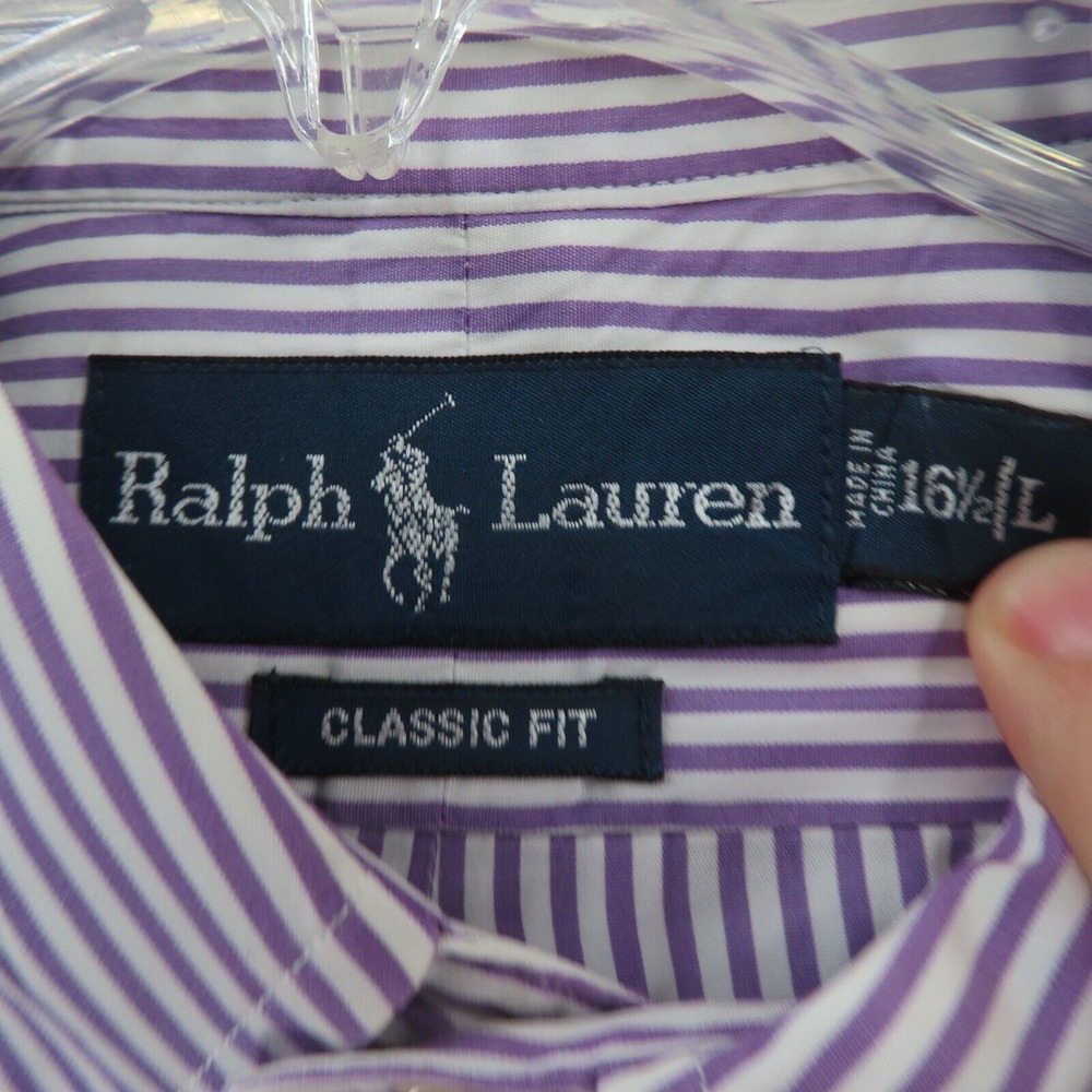 Ralph Lauren Shirt Mens Large 16.5 Purple Striped Long Sleeve Green Pony Classic - Picture 5 of 8